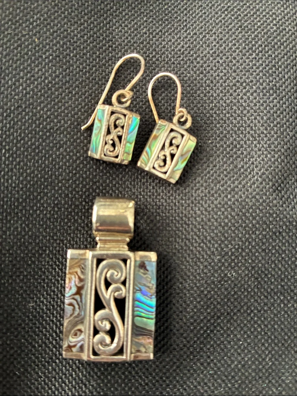 Sterling Abalone Inlay Pendant and Earrings Set - Iridescent Green Blue